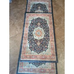 Persian Style Medallion Pattern Runner Rug Set 3-Piece - Navy Rust Cream