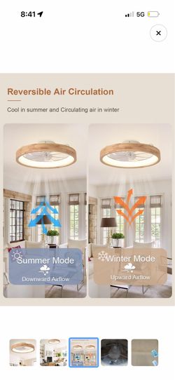 Modern Low Profile Flush Mount Ceiling Fan with LED Light – Wood Grain Bladeless Caged Fan (New)