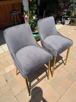 Gray Velvet Bar Stools with Gold Legs – Set of 2