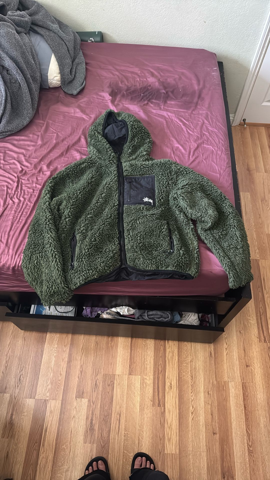 Olive Stussy Reversible Sherpa Jacket