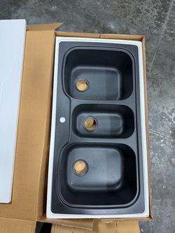 Swan Drop-In/Undermount Solid Surface 44 in. 1-Hole 40/20/40 Triple Bowl Kitchen Sink in Black Galaxy