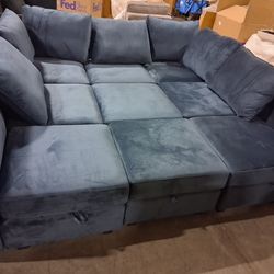 Modular Velvet Sectional Sofa w/Storage Blue/Grey