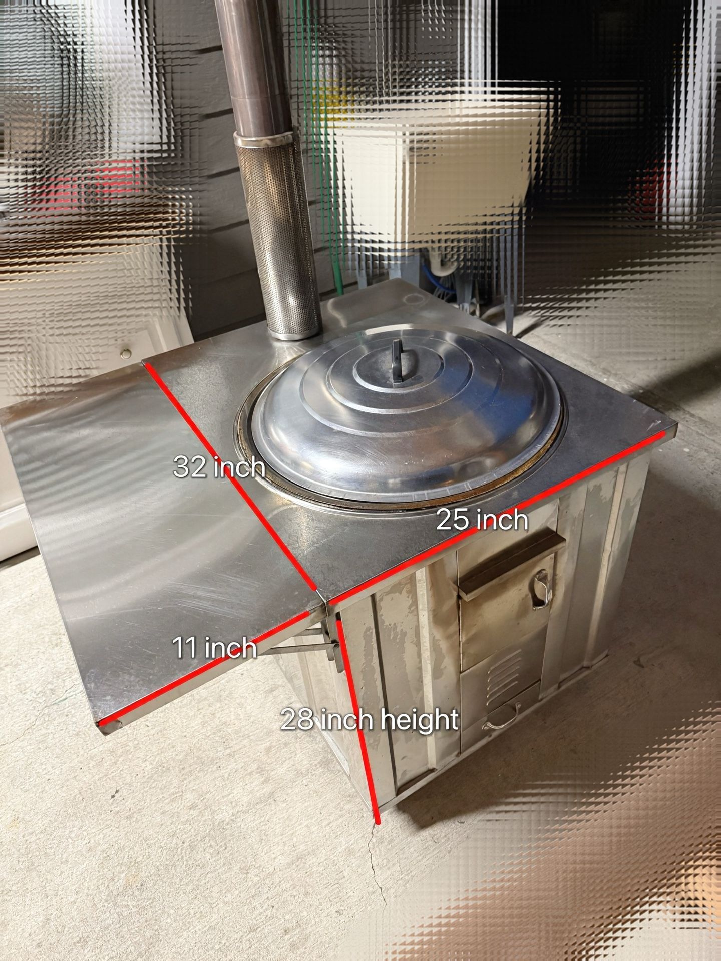 Wood Burning Stove With a big cooking wok and chimney Pipes, original $500