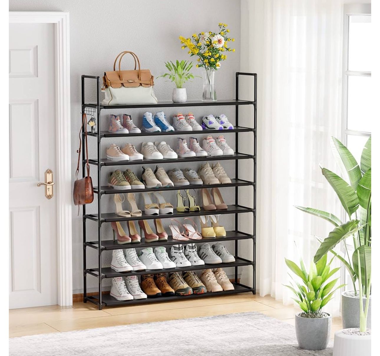 8 Tier Shoe Organizer, 33.3in Wide x 11.2in Deep x 55.7in Tall, Black Metal 