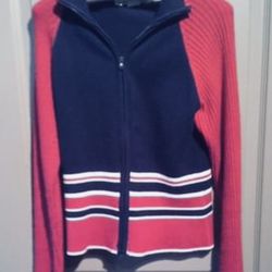 Red and Navy Knit Zip-Up Jacket