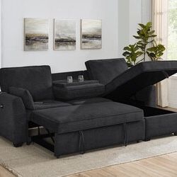 92"W Fabric Sleeper Sectional with Reversible Storage Chaise, USB Charging Ports, and Cupholders 