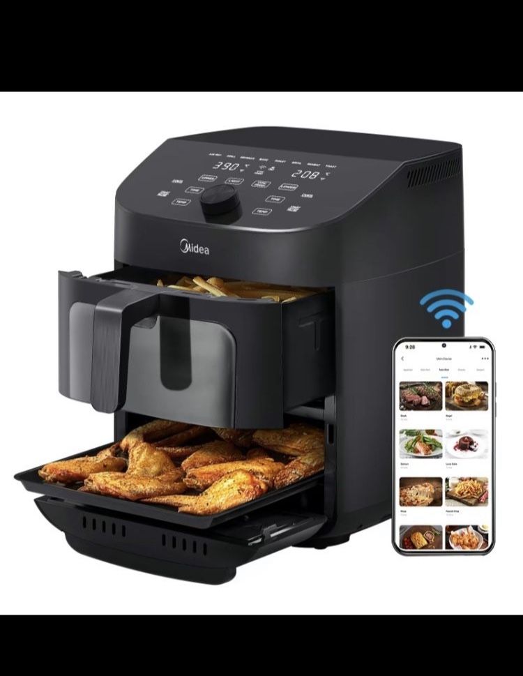 Midea 8 in 1 Dual Air Fryer 11 Quart With 2 Independent Frying Baskets,Sync Finish,Wifi Connectivity & 50 + App Recipes For Family Sided Meals