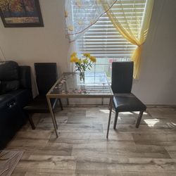 Glass Dining Table And 2 Leather Chairs 