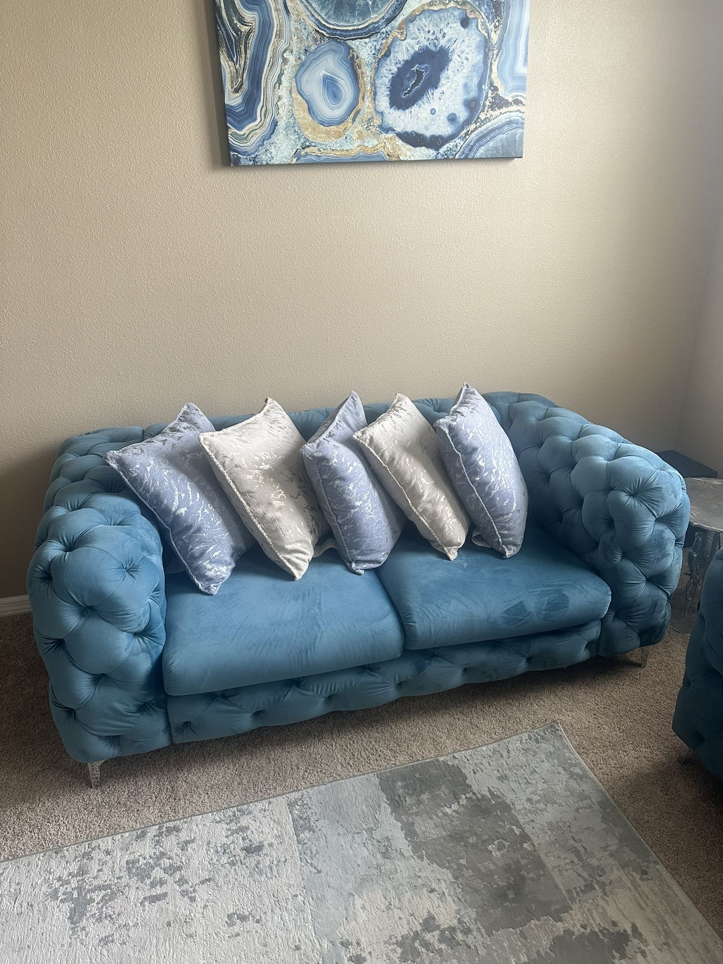 Blue Tufted Sofa And Loveseat Set