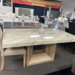 Beige/gray Top Marble Dining Table W/ Square Wooden Base & 4 FREE CHAIRS! For Sale Now 40% Off