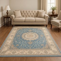 5x7 Blue Persian Silk Pile Rug – Classic Medallion Design