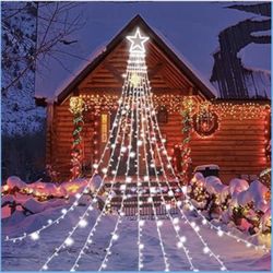 Brand new!! 320 LED Waterfall Tree Lights with 13" Topper Star 8 Lighting Modes Indoor Outdoor