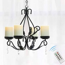 3 in 1 Lighting Chandelier with 4pcs Battery Operated Led Candle with Remote, Table Centerpiece for Indoor or Outdoor Gazebo, Patio Decoration, Black