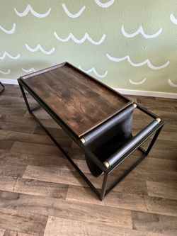 Walnut Sofa Table, Industrial Coffee Table with Metal and Canvas Hanger Magazine Rack, Steel Rectangle Frame