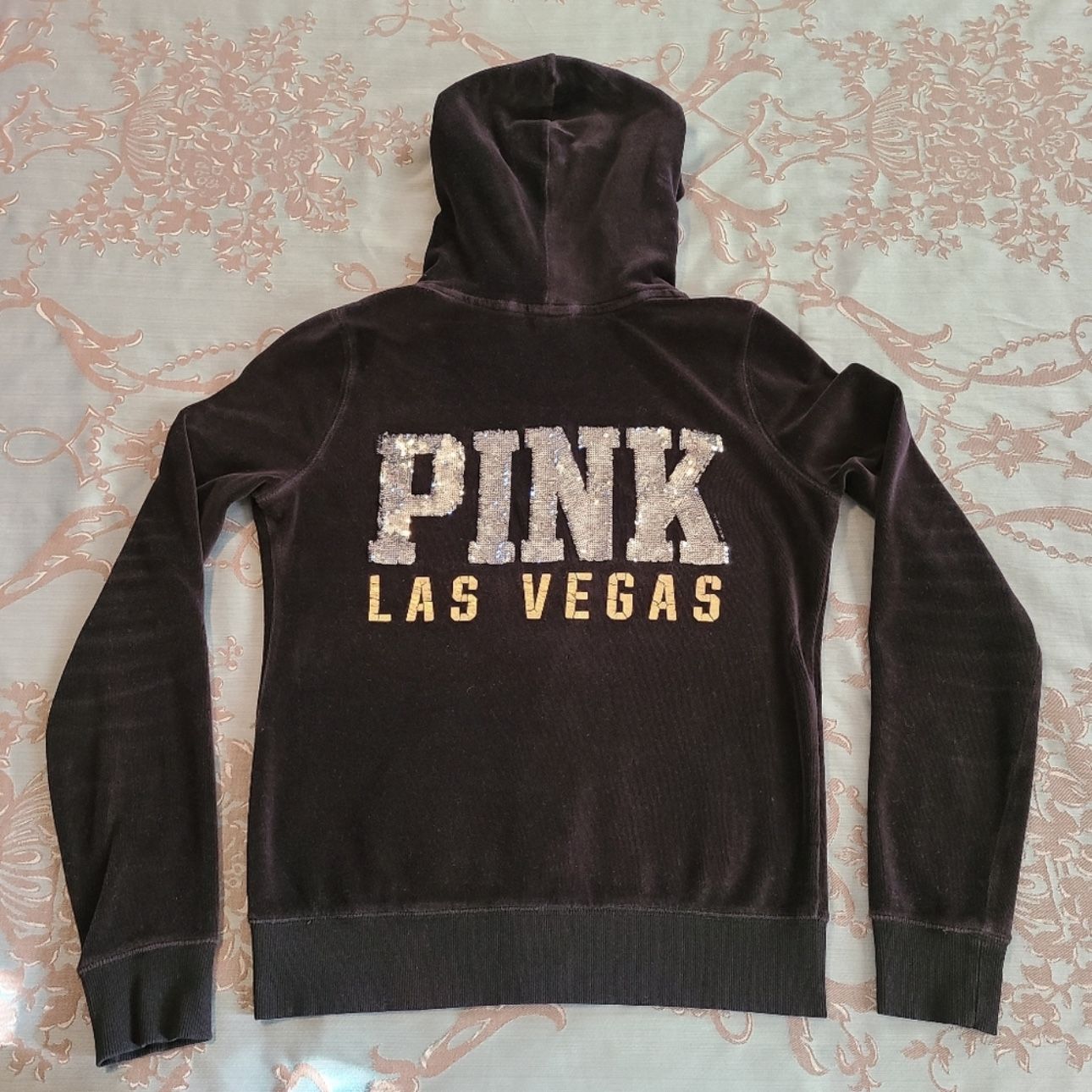 Victoria's Secret PINK Las Vegas Bling Velour Full Zip Black Hoodie Size Small