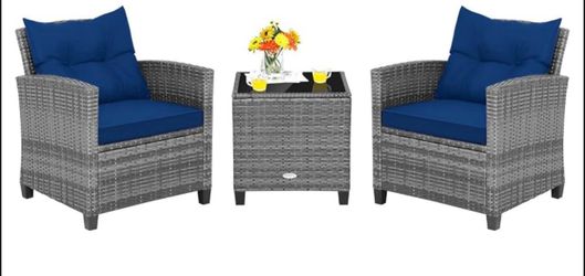 Tangkula 3 Pieces Patio Furniture Set, Outdoor PE Rattan Conversation Chair Set with Tempered Glass Side Table and Removable Cushions, PE Wicker Chair