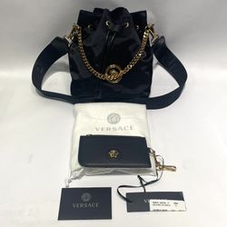 Versace Black Nylon Medusa Drawstring Small Bucket Bag + Coin Purse + Dust Bag