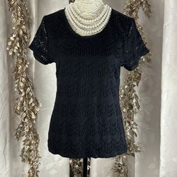 Verve Ami Black Crochet Knit Blouse | L | Scallop Boho Parisian Cottagecore