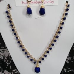 Royal Blue Diamond Shape Necklace &  Earring Set