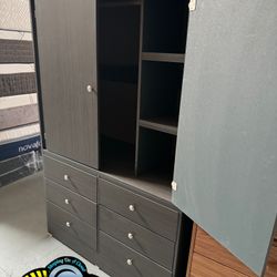 New Grey Jumbo Wood Wardrobe With Shelves And Six Drawers