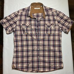 7 DIAMOND SHORT SLEEVE MEN’S L,  BUTTON UP PLAID MULTICOLOR W/ SUEDE DETAIL