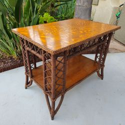 Beautiful Vintage Wicker and Tiger Wood Desk Table. Great quality!