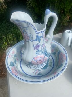 Large Asian Inspired Floral Pink Blue & Green Pitcher & Basin Set - Compare @$100