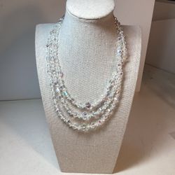 Vintage Mid-Century Sparkly 3 Strand Crystal Aurora Borealis Necklace