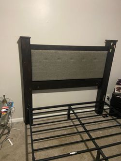 Dark Wood Upholstered Headboard with Metal Bed Frame