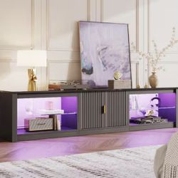 80 in. Fluted Glossy Black TV Stand Fits TV Up to 85 in. LED Entertainment Center with Cabinet & Adjustable Shelf