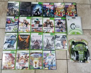 20 Xbox 360 games, gamers headphones and wireless ear piece some of the games are new never opened