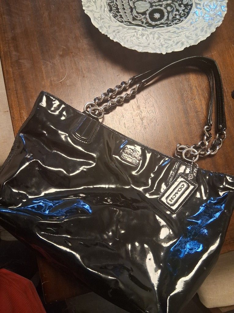 Authentic Coach Black Patent Leather Chain Strap Tote