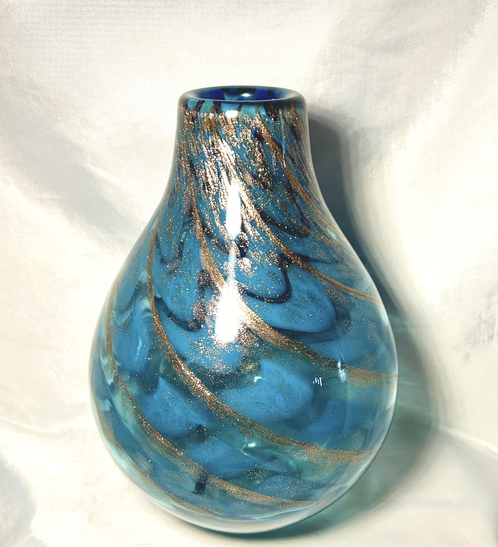 Lenox ? Art Glass Blue Seaview Bottle Vase Gold Flecks Swirl Large 11"