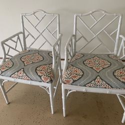 Vtg FRONTGATE Bamboo Arm Chairs Upholstered WHITE