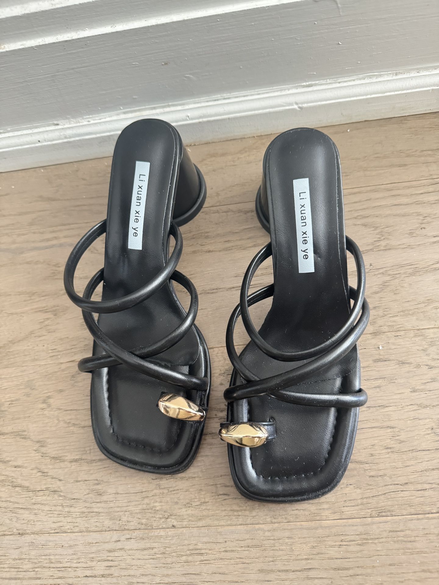 Black Strappy Heels / sandals with Gold Ring | Size 38 Barely Worn