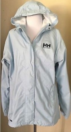 HELLY HANSEN K3068 Women's Size L Mountain Hooded Light Blue Tech Rain Jacket
