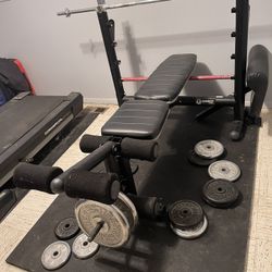 Weight Bench With Leg Machine Attachment, Mat And 180 Lbs Of Weights