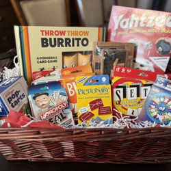 New Family Game  Night Gift Basket  Yahtzee Pictionary Backgammon Wheel of Fortune Monopoly  Cards