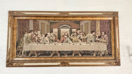 Vintage Handmade Last Supper Tapestry Wall Art – Ornate Gold Frame