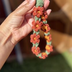 Handmade Gold Red Leaf Daisy Macrame Keychain Wristlet