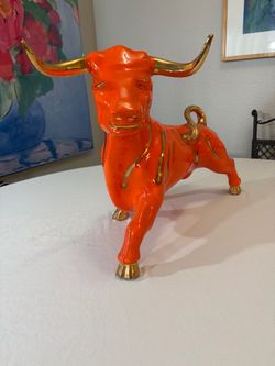 HUGE 22” Vintage Mid Century Ceramic Charging Bull Statue Orange Gold