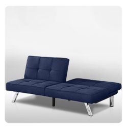 Futon Sofa Bed, Upholstered Tufted Couch, Convertible Folding Futon Sleeper Sofa, Dark Blue Linen