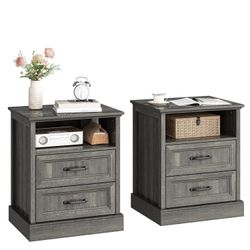 20" Farmhouse Nightstand Set of 2, End Table with 2 Large Drawers & Open Storage, Side Table, Bedside Table for Bedroom, Living Room, Grey