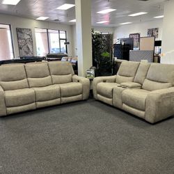Power Reclining Sofa And Loveseat In Beige Performance Fabric 