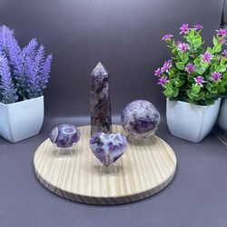 Natural hand carved dream amethyst sphere 58 mm 270 g, Tower 4.7 inches 173 g, Heart 43 g 1.6 inches, Palm Stone 32 g 1.3 inches