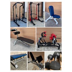 Gym/Fitness Equipment: Olympic Bumper Weight Plate Dumbbell Leg Press Squat Rack Smith Machine Bench Power