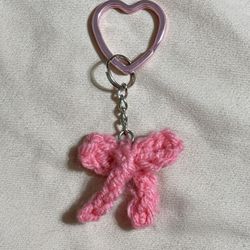 Crochet Pink Bow With Heart Keychain 