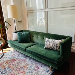 CB2 Avec Velvet Green Sofa with Brass Legs
