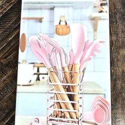 Hecef 32pcs Silicone Kitchen Utensil Set with Stainless Steel Holder  In Pink 