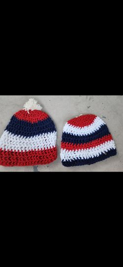 Handmade Crochet Beanies Red White Blue Set of 2